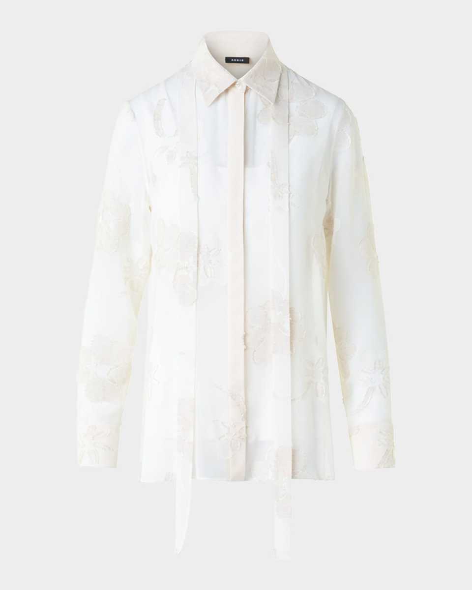 Floral Jacquard Neck-Tie Button-Down Blouse